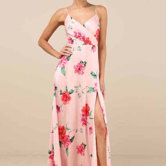 Lulus Dresses & Skirts - Lulus Radiant Occasion Light Pink Floral Satin A-line Maxi Dress - Size Small